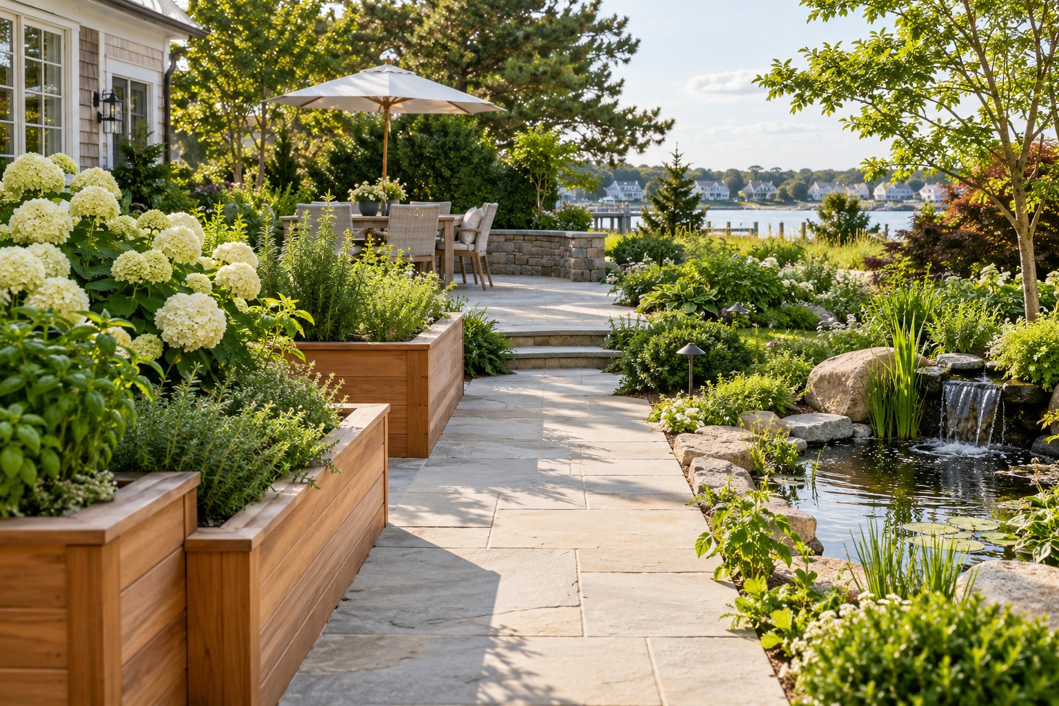 Garden design concept with custom raised beds, lush planting and a natural stone patio